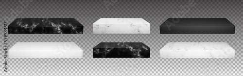 Set of cube marble podiums with black and white textures. Isolated vector platforms for jewelry presentation or showcase and banner creation
