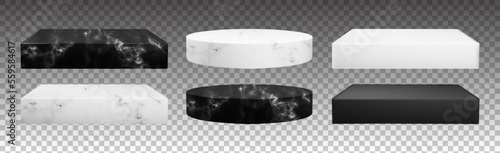 Vector marble jewelry display platform. Transparent background and realistic texture of cube and cylinder blocks