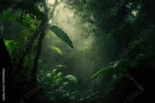 Dark tropical forest in the rain, large exotic plants in the forest. Green background. AI © MiaStendal