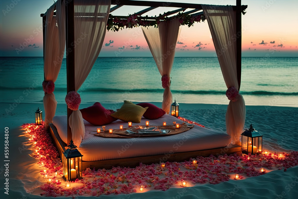 Obraz premium Cozy wooden bed on the seashore decorated with greetings and candles. Romantic evening by the sea. Beautiful sunset. AI