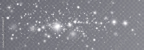 Particles of white magic dust. Shining light particles.Christmas glitter particles. Light effect on a transparent background