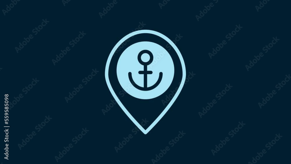White Map pointer with anchor icon isolated on blue background. 4K Video motion graphic animation White Map pointer with anchor icon isolated on blue background. 4K Video motion graphic animation