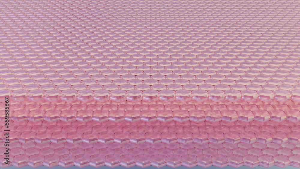 The skin cell can be seen under a microscope as the skin layer. rendering in 3D. 3D background for cosmetics The skin cell can be seen under a microscope as the skin layer. rendering in 3D. 3D background for cosmetics