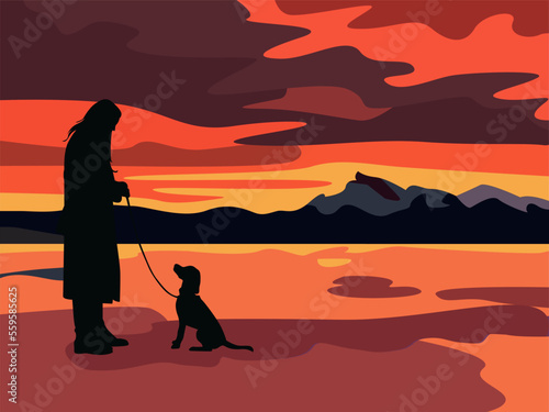 Silhouette of a girl walking with a dog against the backdrop of a mountain landscape with a lake and sunset.
