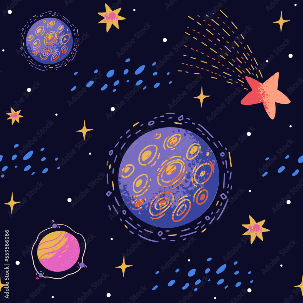 Naklejka premium Colorful hand-drawn space pattern with pink and purple planets and stars
