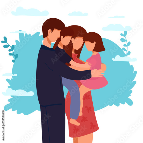 vector illustration of a happy family, mother father daughter son holding hands and hugging, complete prosperous family vector