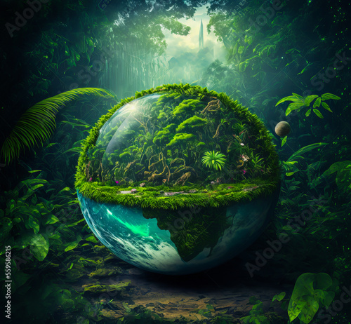 A lush forest scene  where the globe is invaded by exotic jungle vegetation. Ideal for imbuing an image with a relaxing calm and tropical atmosphere.