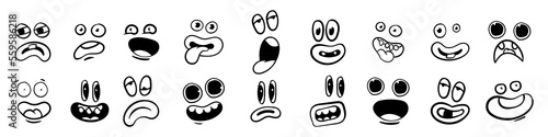 Funny emotions set. Cartoon face expression. Line art. Vector hand-drawn illustration isolated on white background.