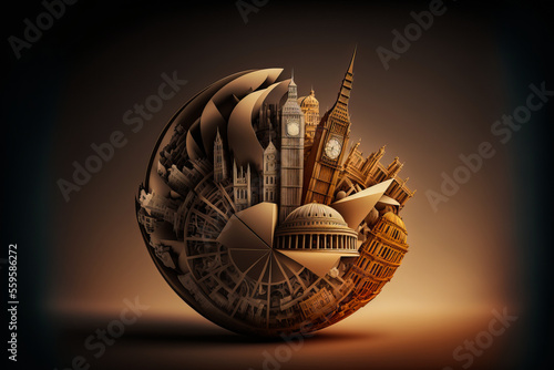 Structural orb showing important monuments of London. Architectural sphere as a terrestrial cartography to see the remarkable architecture of a city.