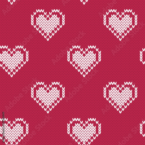 Hearts jacquard knitted seamless pattern. Valentine background. Viva magenta color 2023.