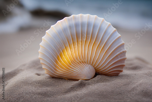 a large beautiful exotic seashell lies on the sand on an exotic beach, generative AI photo