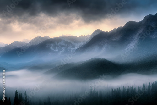 Fog and mist rising above magnificent mountains at sunrise. nature scenery with light spots over the clouds