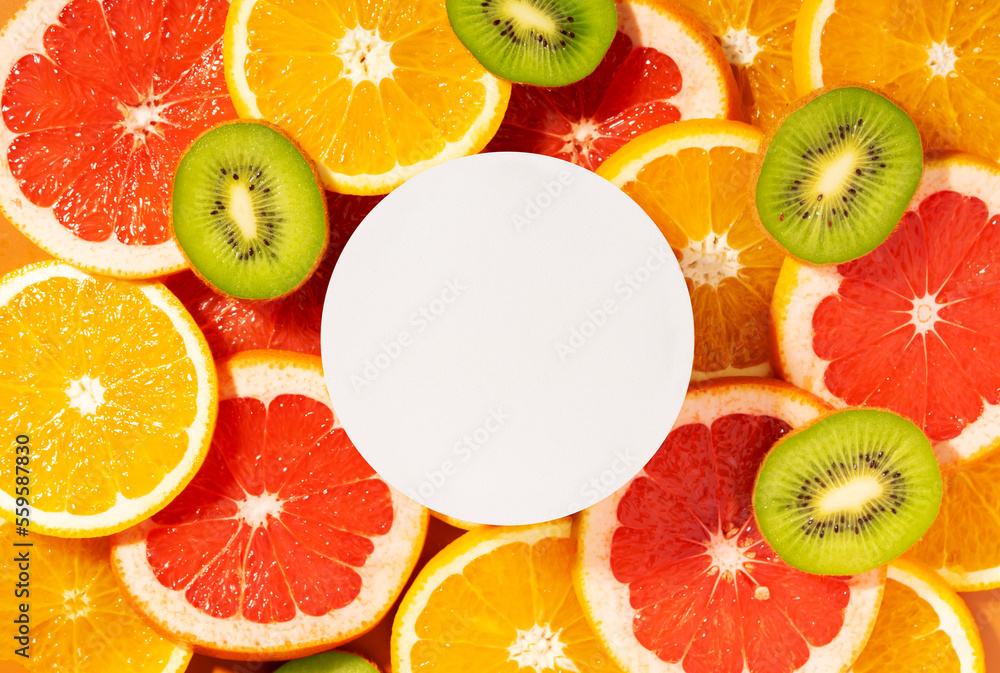 Mockup circle white podium on citrus slices. Natural cosmetics product presentation backdrop. Mockup circle white podium on citrus slices. Natural cosmetics product presentation backdrop.