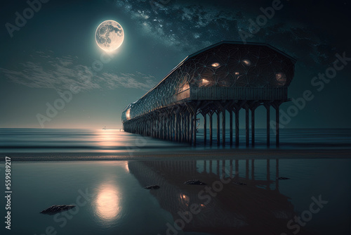 Sea night landscape with wooden pier  big moon. AI