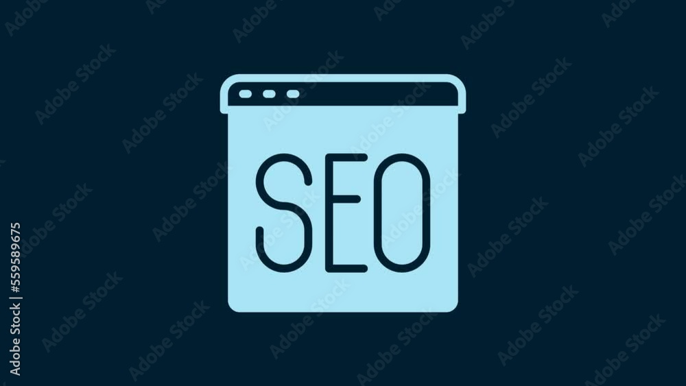 White SEO optimization icon isolated on blue background. 4K Video motion graphic animation White SEO optimization icon isolated on blue background. 4K Video motion graphic animation