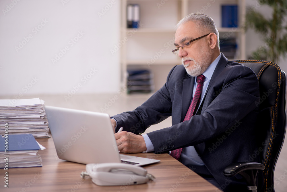 Old male boss working at workplace Old male boss working at workplace