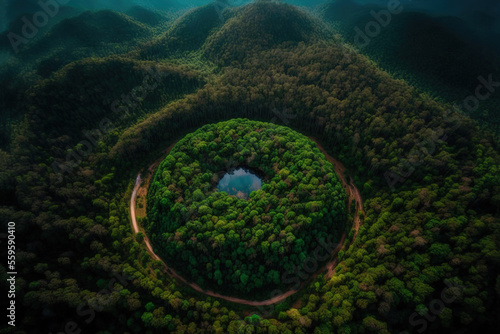 Forest landscape aerial photography. AI