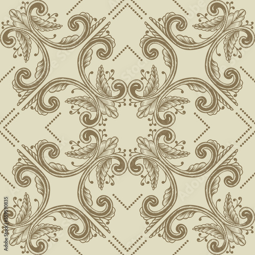Hand Drawn Vintage damask ornamental elements endless background. Baroque scroll ornament seamless pattern. Elegant abstract floral pattern in antique style. Decorative foliage swirl.