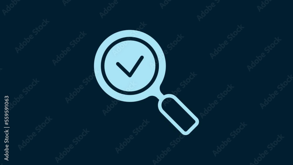 White Magnifying glass with check mark icon isolated on blue background. Search, focus, zoom, business symbol. 4K Video motion graphic animation White Magnifying glass with check mark icon isolated on blue background. Search, focus, zoom, business symbol. 4K Video motion graphic animation