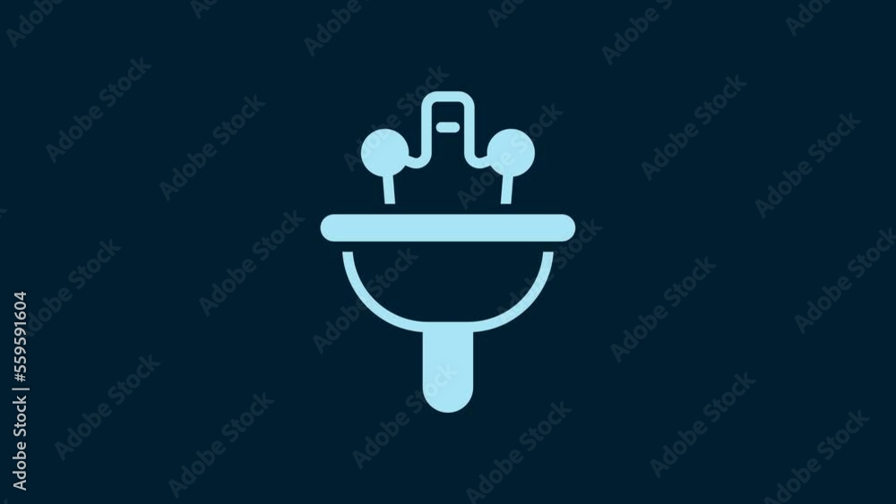 White Washbasin with water tap icon isolated on blue background. 4K Video motion graphic animation White Washbasin with water tap icon isolated on blue background. 4K Video motion graphic animation
