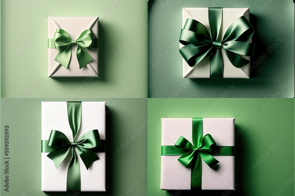 a group of four wrapped presents with green bows on them, on a green background, with a green wall and a green wall behind them, with a green wall and a white box with a. a group of four wrapped presents with green bows on them, on a green background, with a green wall and a green wall behind them, with a green wall and a white box with a.