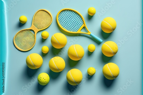 a blue tray with tennis balls and rackets on it and a blue tray with a blue handle and a blue handle with a yellow tennis racket and a blue background with a blue. © Anna