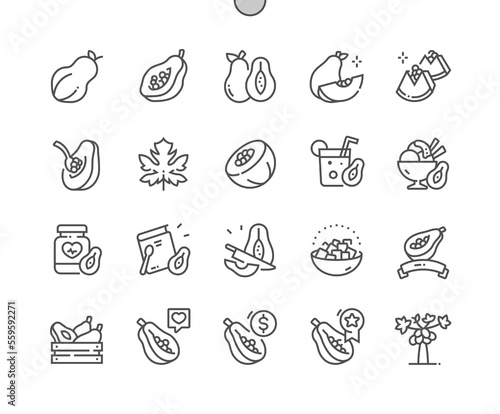 Papaya. Whole fruit and half. Cooking  recipes and price. Food shop  supermarket. Menu for cafe. Pixel Perfect Vector Thin Line Icons. Simple Minimal Pictogram