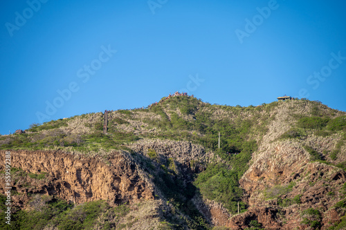 View of the Diamond Head lookout point from insider the volcanic crater.