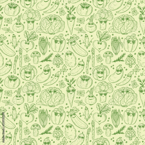 Seamless pattern of Hand drawn doodle Funny Stylish Fashion Vegetables with Sunglassesa