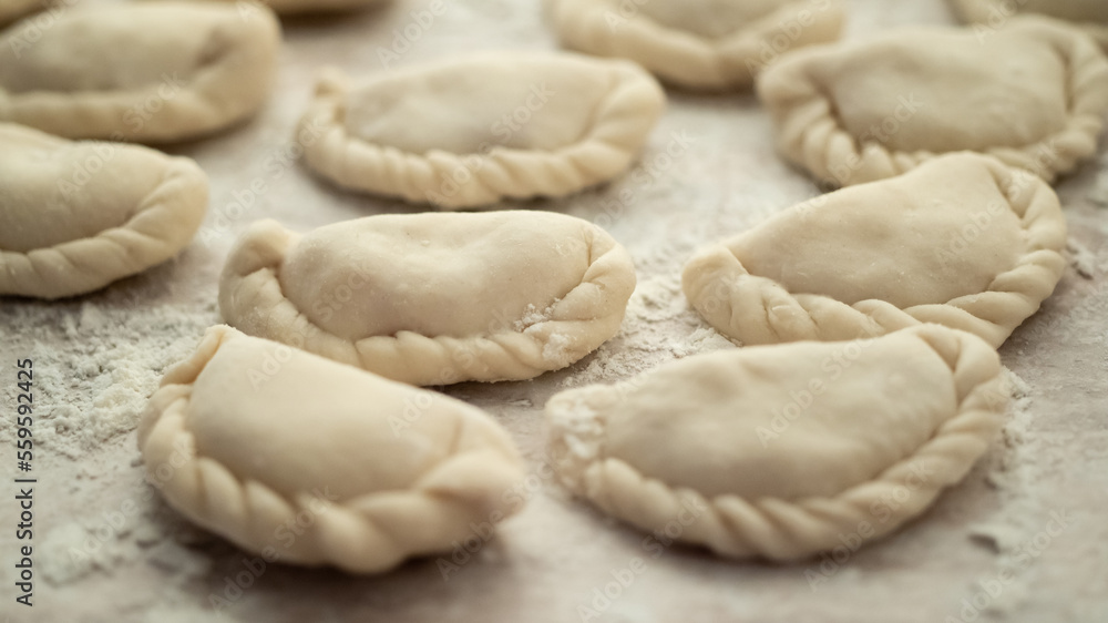 Raw homemade varenyky Ukrainian traditional dish. National food kitchen.Ravioli, dumplings, pierogi. Raw homemade varenyky Ukrainian traditional dish. National food kitchen.Ravioli, dumplings, pierogi.