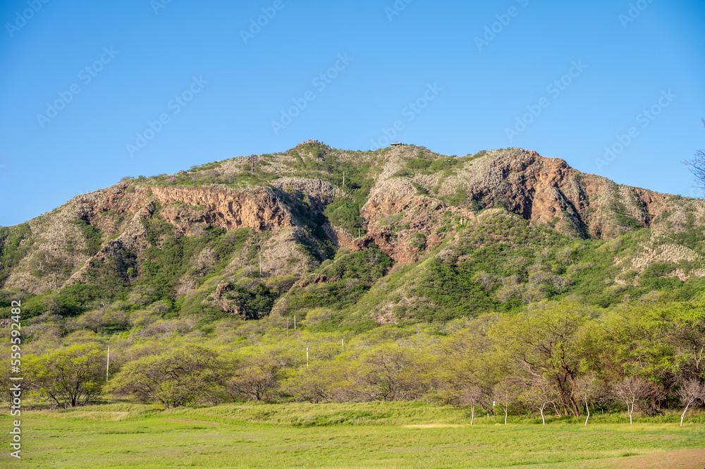 View of the Diamond Head lookout point from insider the volcanic crater.