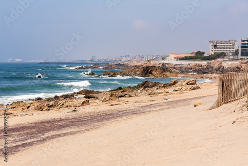 Cityscape from rocky beach, North of Portugal
