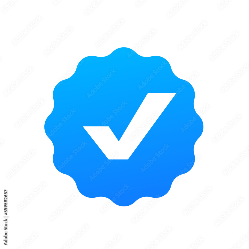 Approved icon. White check mark with blue circle in stamp shape sticker isolated on white background. Flat icon design element for web template. Vector illustration Approved icon. White check mark with blue circle in stamp shape sticker isolated on white background. Flat icon design element for web template. Vector illustration