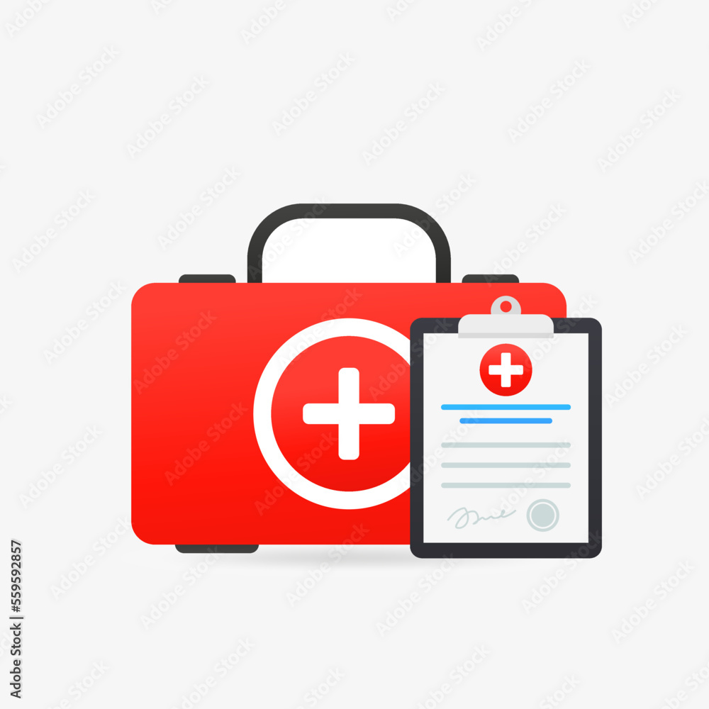 Medical case with medical insurance, documents. Medical clipboard with completed checklist. Medical report. Hospital checkup document. Diagnostic report icon. Check List Clipboard. Vector illustration Medical case with medical insurance, documents. Medical clipboard with completed checklist. Medical report. Hospital checkup document. Diagnostic report icon. Check List Clipboard. Vector illustration
