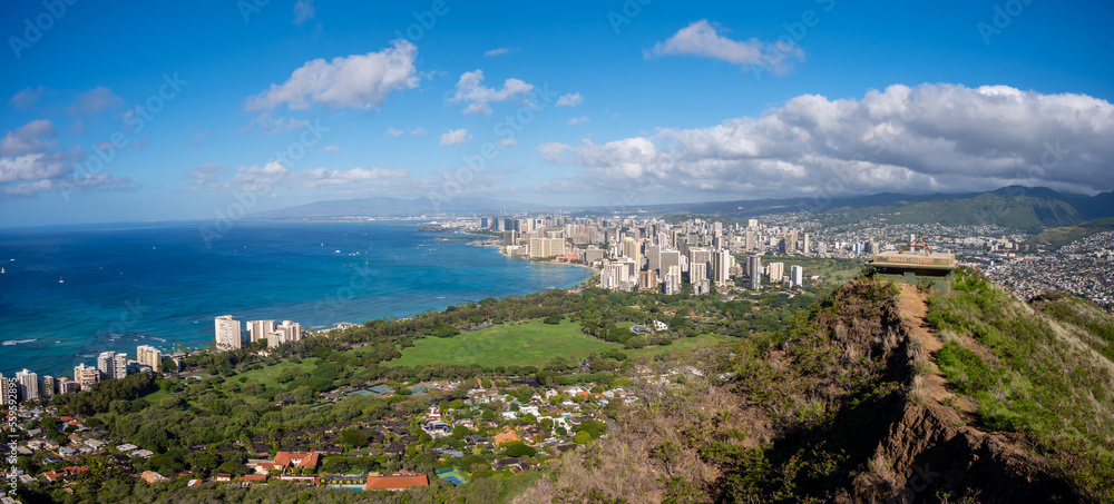 View of the Waikiki skyline from the Diamond Head vulcano lookout.