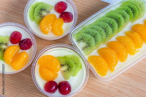 Fruity milk pudding, sweet vanilla silk pudding dessert with fruit topping