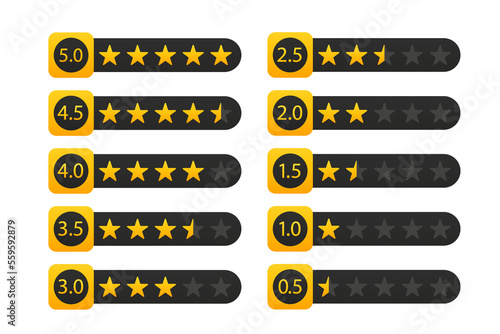 Star rating signs in flat style with numbers. Reviews in stars and numbers, rating buttons on white isolated background. Vector illustration