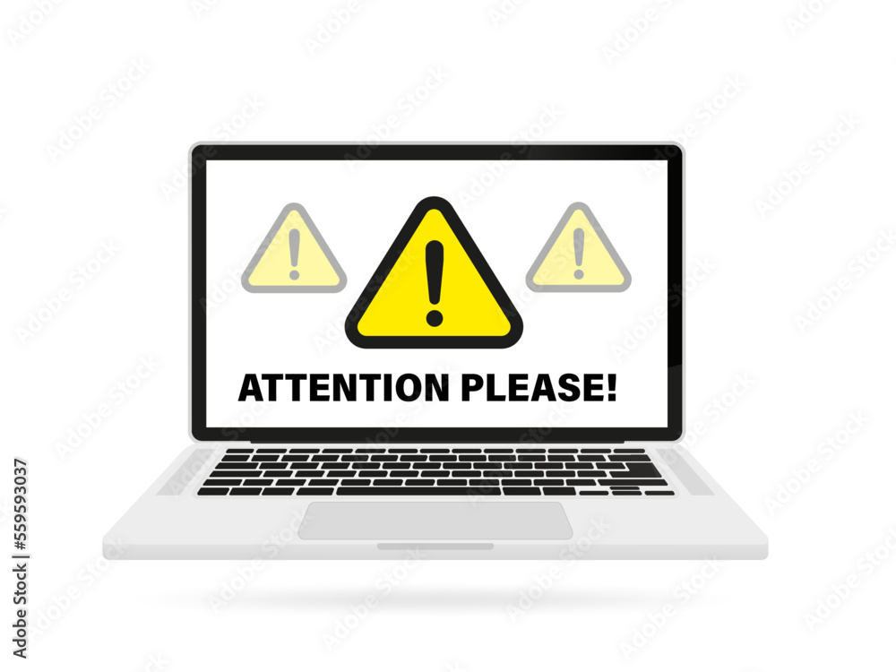 Attention please! Warning on a bright yellow banner. Design with laptop in mind. Vector illustration Attention please! Warning on a bright yellow banner. Design with laptop in mind. Vector illustration