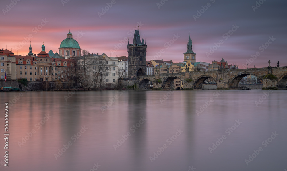 dawn over the historic center of Prague