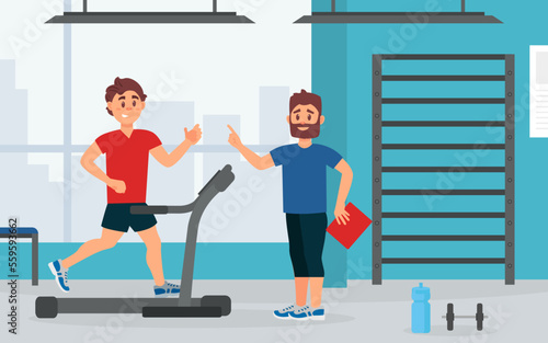 Fitness man training in gym with personal trainer coach. Man running on treadmill cartoon vector
