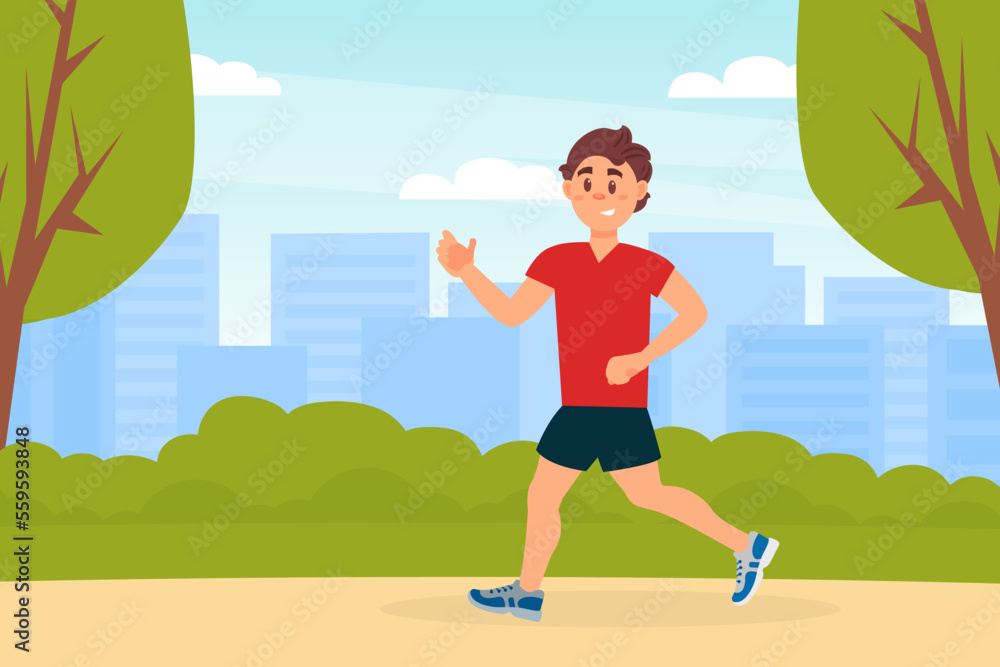 Man jogging in park in the morning. Healthy active lifestyle concept cartoon vector