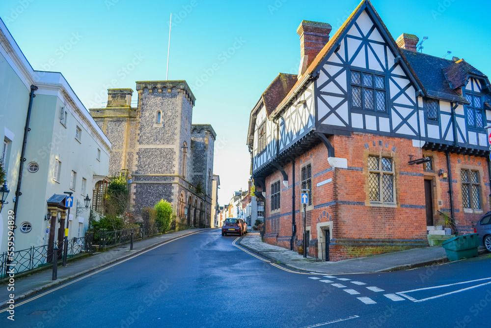 UK, Arundel, 02.02.2023: small streets and buildings of Arundel town centre UK, Arundel, 02.02.2023: small streets and buildings of Arundel town centre