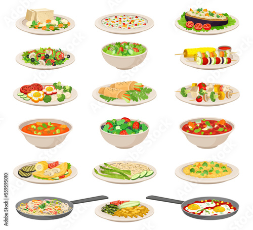 Vegetarian dishes set. Tasty healthy meatless dishes, cooked food from vegetables, cereals and eggs vector illustration