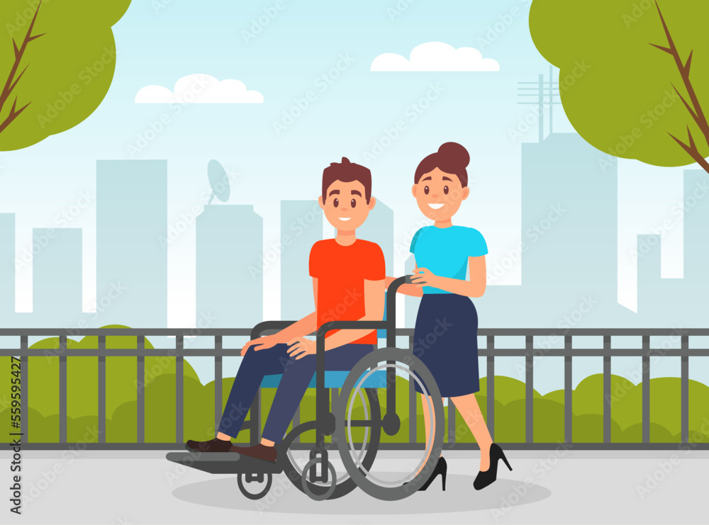 Female nurse pushing wheelchair with disabled young man. Social volunteering support, assistance, diversity concept cartoon vector