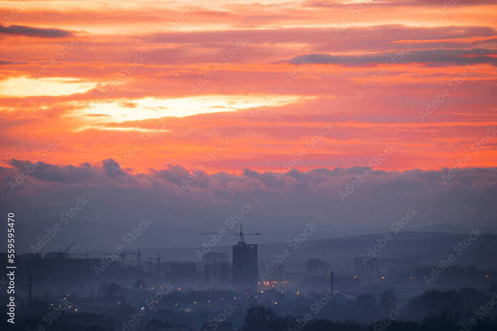 Beautiful sunset over a city in Ukraine