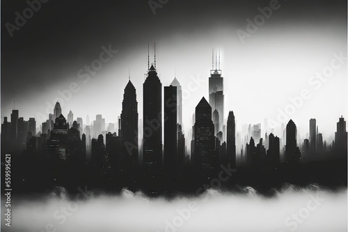 a black and white photo of a city skyline in the fog with skyscrapers in the distance and fog in the air, with a dark sky in the background, and a low layer of fog. Generative AI