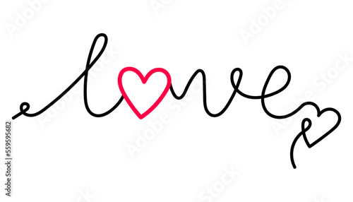 Handwritten inscription Love with a red heart. Isolated vector illustration. A word in the style of linart, minimalistic design.