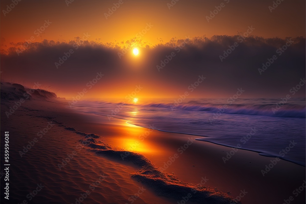 a sunset over the ocean with a beach and waves in the foreground and a sun setting in the distance with clouds in the sky and a few light on the water, and a.