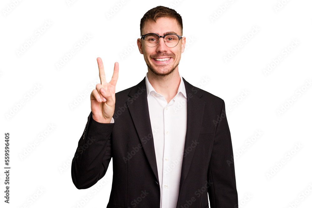 Young caucasian business man cutout isolated showing number two with fingers. Young caucasian business man cutout isolated showing number two with fingers.