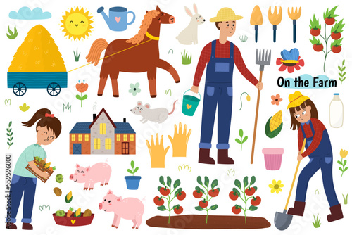 Cute farm set with animals and kids farmers. Horse carrying hay, girl feeding pigs, tomato plants and other isolated elements. Agriculture collection for baby and children design. Vector illustration